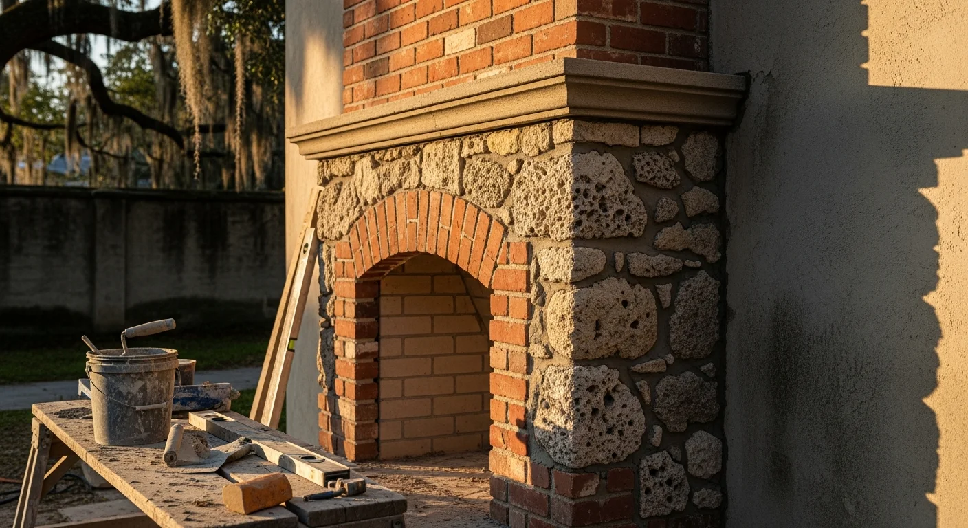 Stone masonry fireplace in Saint Augustine home