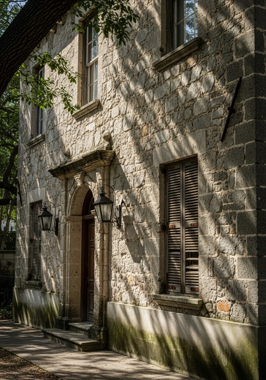 Detailed view of a well-preserved historic home facade in Saint Augustine with period architectural details and maintained exterior.