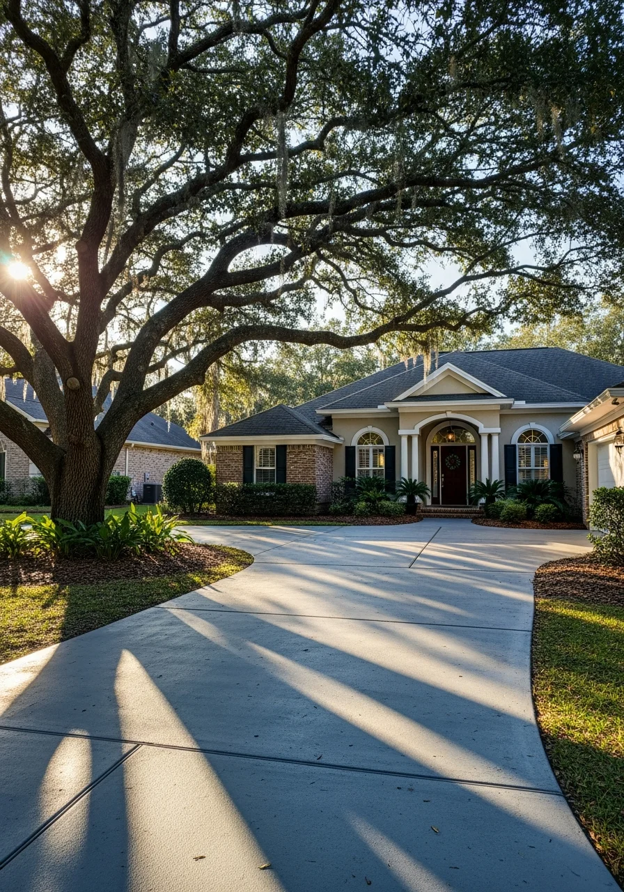 Close-up of a well-maintained home exterior in a St. Johns County neighborhood with mature landscaping and clear signage.