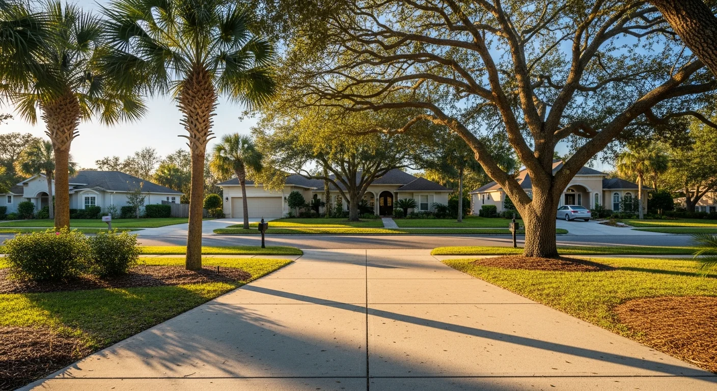 Residential street in St. Johns County with mixed architectural styles, from historic homes to modern construction, under clear Florida sky.