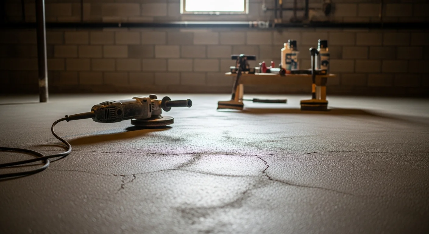 A freshly coated basement floor in a St. Johns County home showing a smooth, sealed concrete surface with a clean, even finish. The space is well-lit and free of stains, with walls and utility features visible in the background.