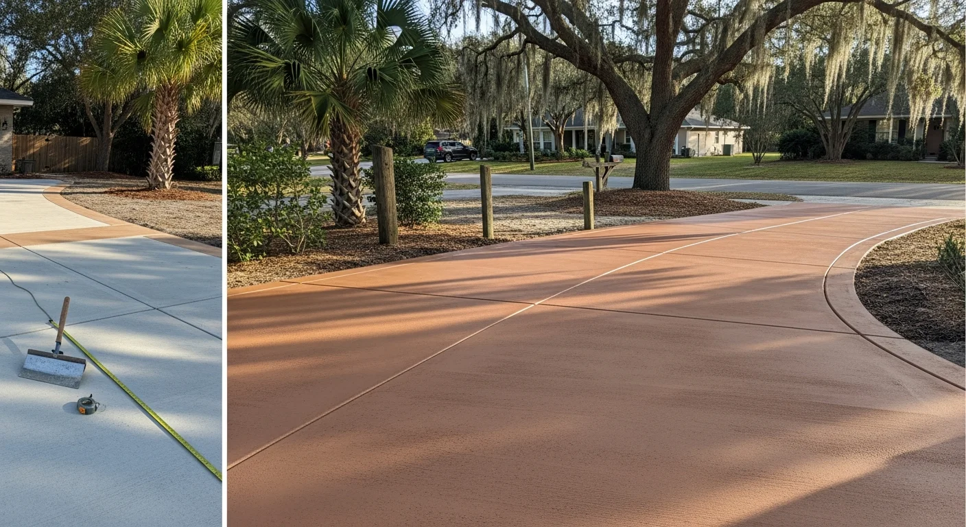 A freshly poured colored concrete patio and pool deck at a residential property in St. Johns County, Florida, showing a warm earth-tone finish with a sealed, smooth surface. The surrounding yard reflects a typical Northeast Florida outdoor living space with a screened lanai and lush landscaping.