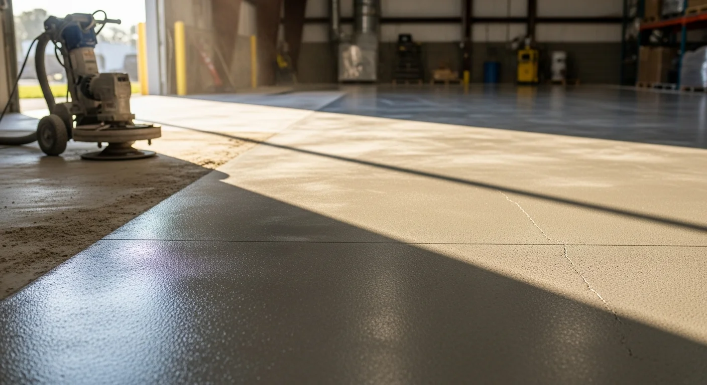 Freshly coated commercial concrete floor inside a St. Johns County warehouse, showing a smooth, light-gray seamless surface under overhead industrial lighting. The floor is free of cracks and staining, with clearly defined edges along the facility walls.
