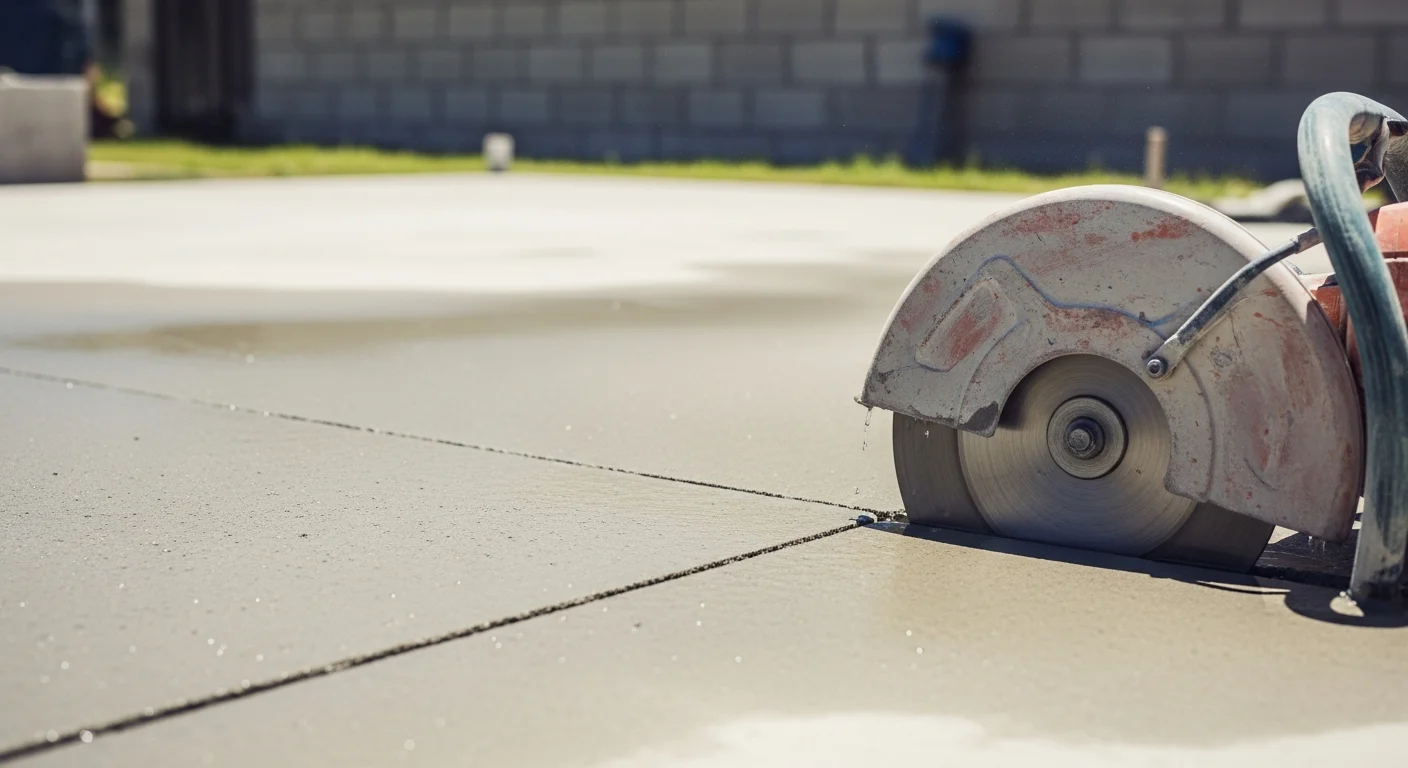 A concrete contractor operating a slab saw to cut a straight trench in a residential concrete floor in St. Johns County, Florida. The wet-cut blade produces minimal dust as the cut follows a marked line across the slab.