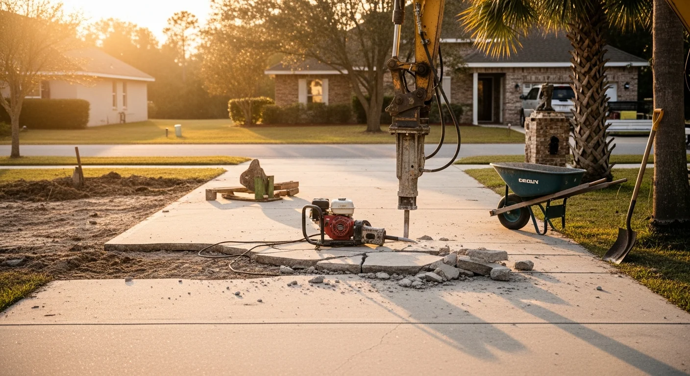 A concrete contractor operating a jackhammer to break up a cracked residential driveway slab in St. Johns County, Florida. Broken concrete pieces are stacked at the edge of the cleared work area, with the surrounding lawn and landscaping intact.