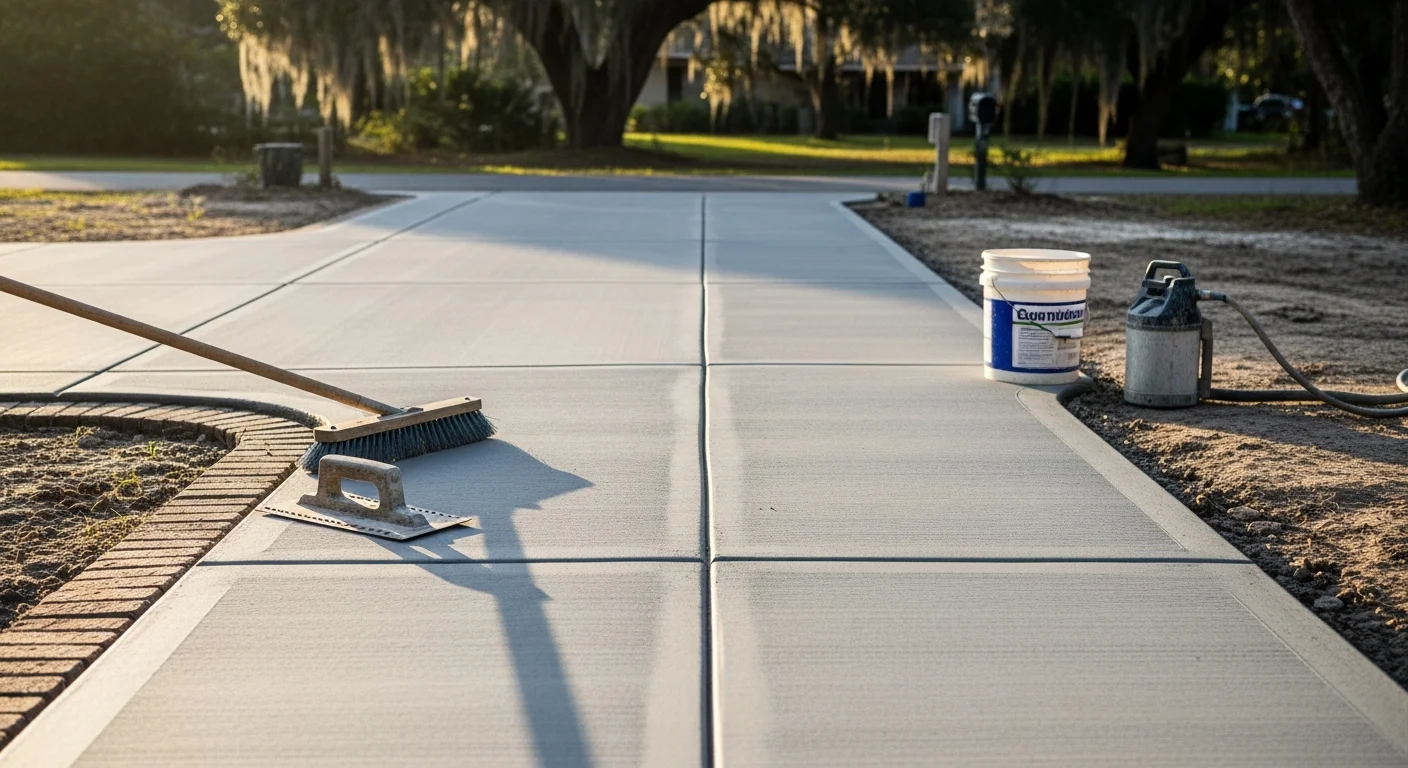 A freshly finished concrete patio surface at a residential property in St. Johns County, Florida, showing a smooth, even finish with clean edges. The outdoor setting reflects the county's warm climate and open backyard living spaces.