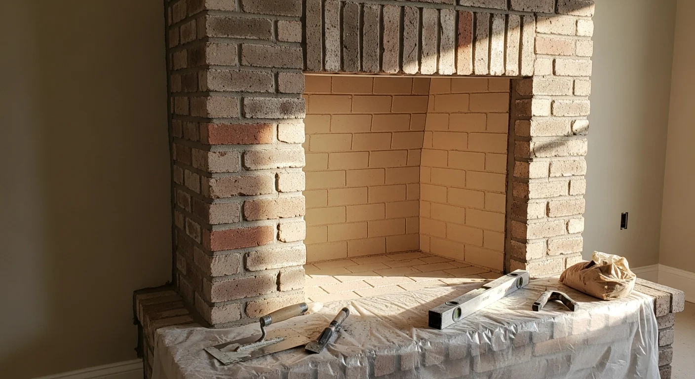 A completed masonry fireplace with a brick surround and stone hearth inside a St. Johns County residential living room. The firebox and hearth extension are built to Florida Building Code clearance standards.