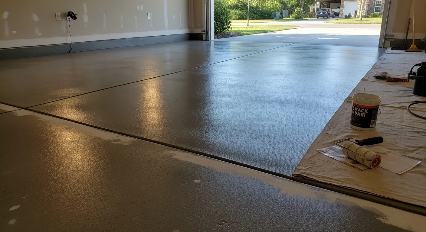 A freshly coated residential garage floor in St. Johns County, Florida, showing a smooth, flake-finish surface with clean lines and no visible cracks or stains. The coating reflects overhead light evenly across the full slab.
