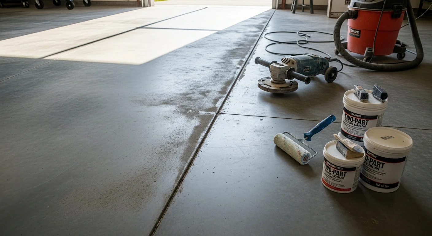 A St. Johns County garage floor showing a repaired concrete coating with a smooth, uniform surface after crack filling and recoating. The finished floor is clean and free of peeling or bubbled sections.