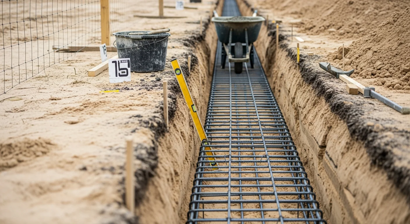 Masonry foundation under construction in St. Johns County, Florida, showing reinforced concrete footings and stem walls at ground level. A residential building site with compacted soil and formed concrete work ready for slab placement.