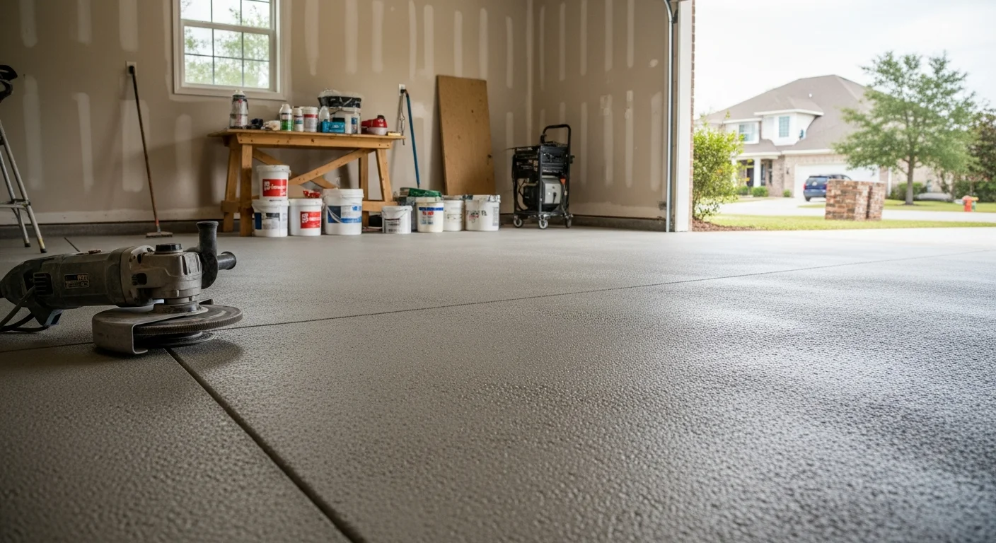 A freshly coated residential garage floor in St. Johns County, Florida, showing a smooth, high-gloss multi-color flake finish on a clean concrete slab. The coated surface reflects overhead lighting with no visible cracks, stains, or peeling.