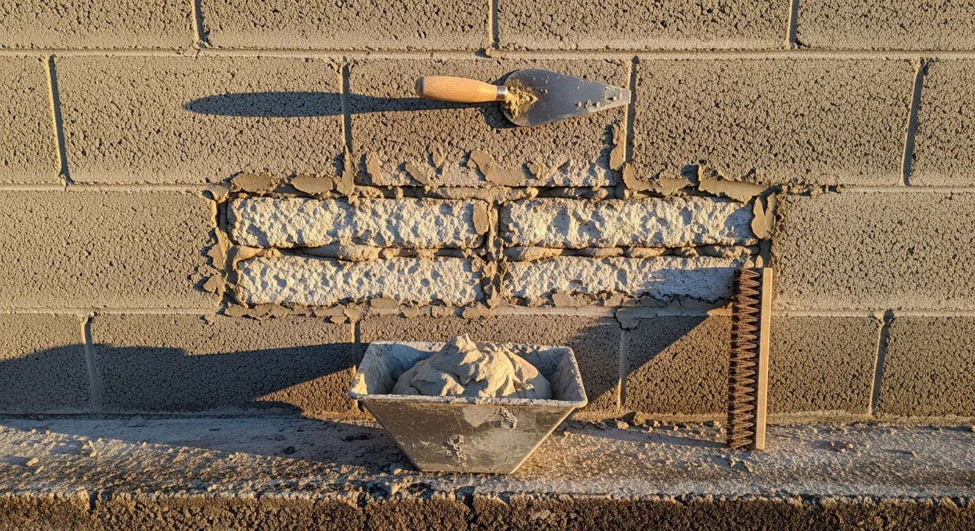 A masonry contractor repairing cracked mortar joints on a concrete block wall at a residential property in St. Johns County, Florida. Close-up view shows fresh mortar being applied to weathered CMU block on a home exterior.