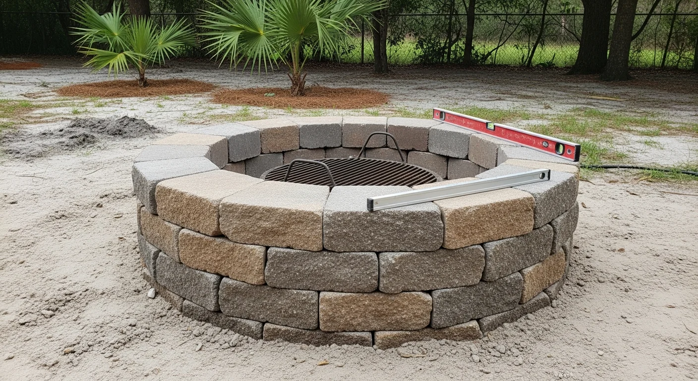 A completed custom masonry fire pit in a St. Johns County backyard, built with heat-resistant stone blocks and surrounded by a paved seating area. The fire pit sits at a safe clearance distance from the home's screen enclosure, showing a finished outdoor living space ready for use.