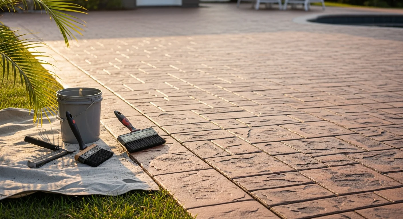 Stamped concrete patio with a stone pattern finish installed at a residential home in St. Johns County, Florida. The surface shows defined texture and color with a sealed finish suited for outdoor use in Florida's climate.