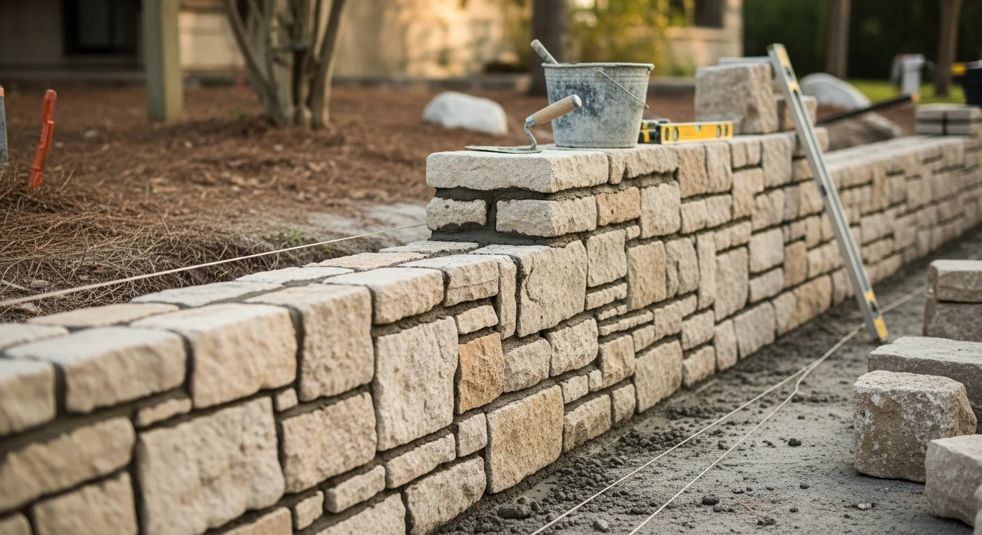 A completed stone masonry retaining wall and outdoor fireplace at a residential property in St. Johns County, Florida, showing clean mortar joints and natural stone coursework. The structure sits in a backyard outdoor living area typical of homes in the St. Johns County region.